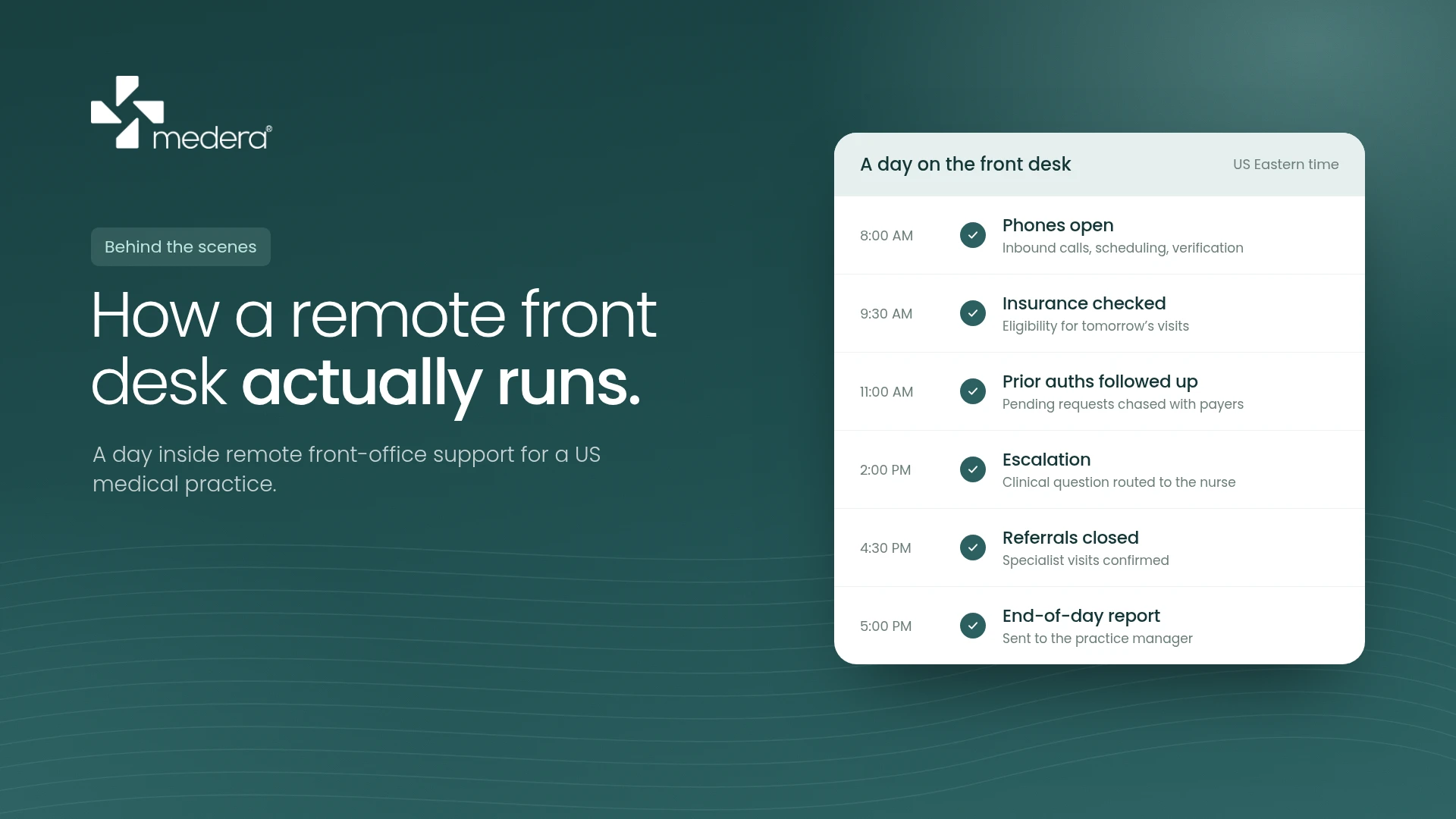 How a remote front desk actually runs: a day on the front desk, from phones open at 8 AM to the end-of-day report.